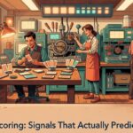 RevOps professional reviewing ai lead scoring signal data on a monitor with behavioral and firmographic inputs displayed as a scoring dashboard
