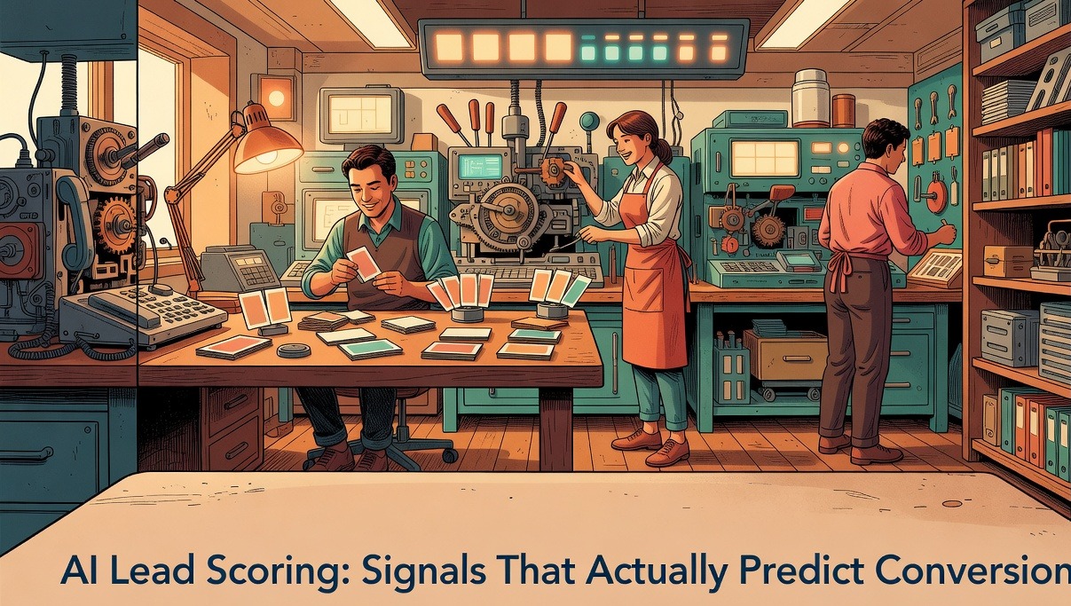 RevOps professional reviewing ai lead scoring signal data on a monitor with behavioral and firmographic inputs displayed as a scoring dashboard